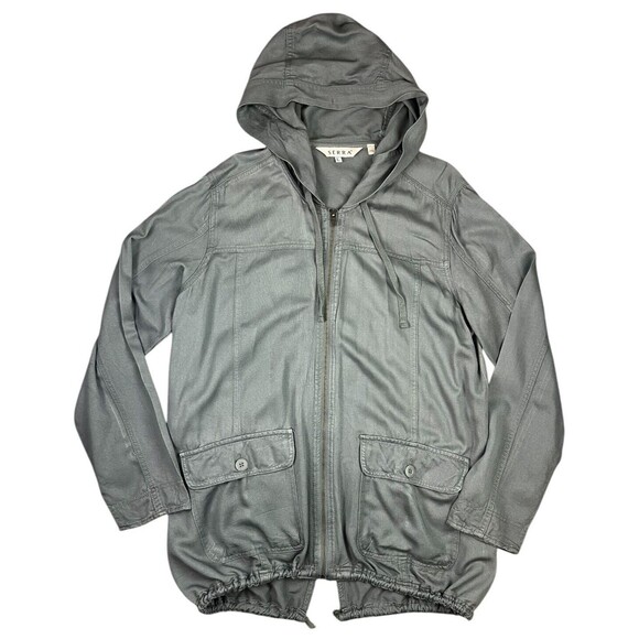 Serra Rayon Spring Hooded Cargo Jacket  Size L  Full Zip Gray  Travel  Outdoor - Picture 1 of 7